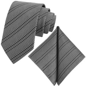 GASSANI 2-SET Krawattenset, Houndstooth Krawatte 8cm Schmal Hahnentritt-Muster Gestreift, Silber-Grau Schwarz Extra Lange Jacquard Herren-Krawatte,  Einstecktuch