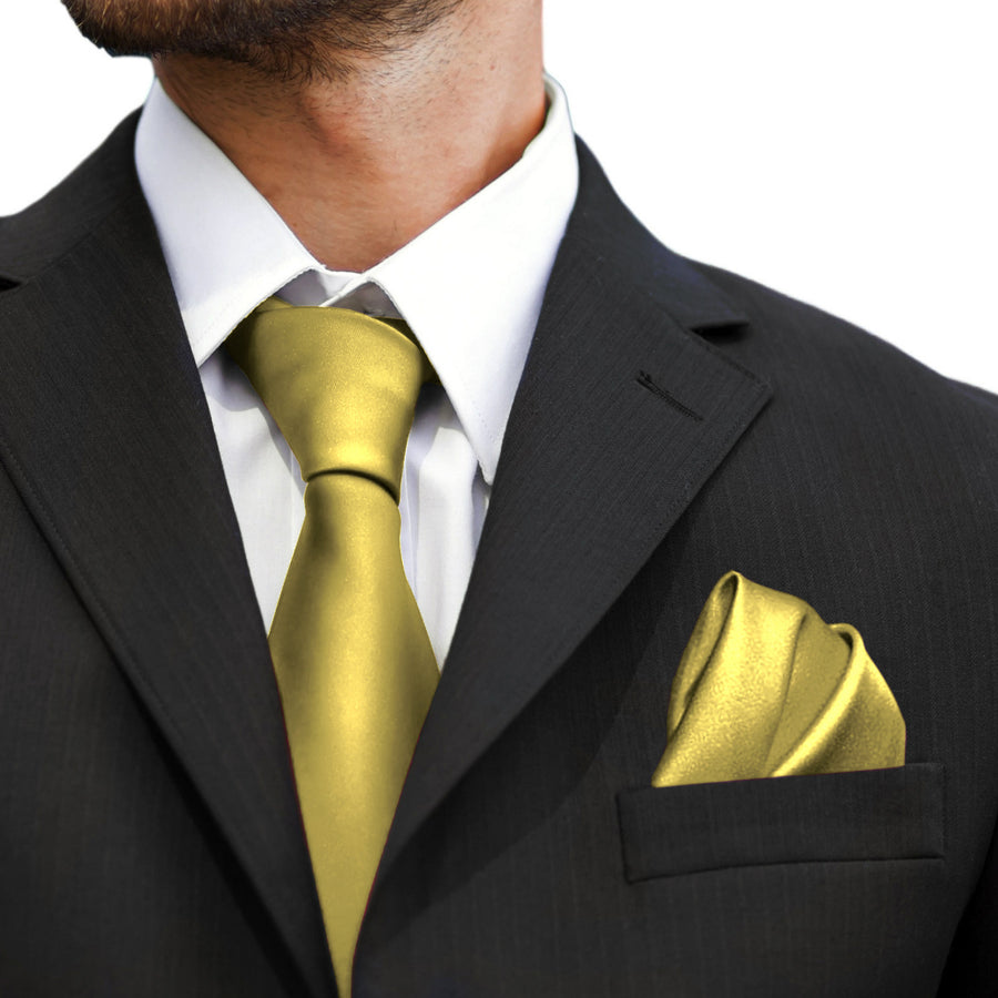 GASSANI 3-SET Satin Krawattenset, 8cm Schmale Gelb-Goldene Herren-Krawatte Einstecktuch, Hochzeitskrawatte