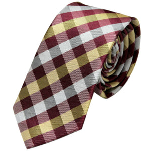 Kostkovaná pánská kravata GASSANI 6 cm Skinny Bordeaux Red Gold, kravata s kostkovaným vzorem