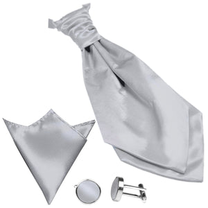 GASSANI 3-SET sada saténových plastronových kravat, stříbrnošedá svatební kravata, kravatový šátek a kapesník