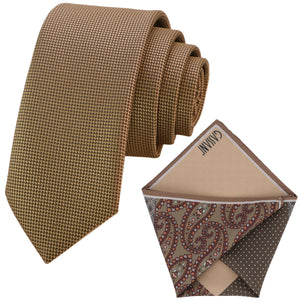 Sada kravat GASSANI, 6 cm široká béžová úzká pánská kravata dlouhá, kapesník barevný 4 vzory
