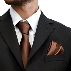 GASSANI 3-SET Satin Krawattenset, 8cm Schmale Braune Herren-Krawatte Einstecktuch, Anzug Hochzeitskrawatte