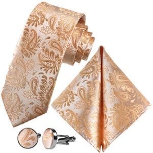GASSANI 3-SET sada kravat, šampaňské meruňka Tenká pánská kravata Paisley, 7cm Tenká žakárová svatební kravata Kapesní manžetové knoflíčky