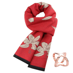 GASSANI Damen-Schal Rot Taupe-Beige Schalring, Wollschal Weich und Warm, Blumen-Muster Vintage Geblümt Tuchring