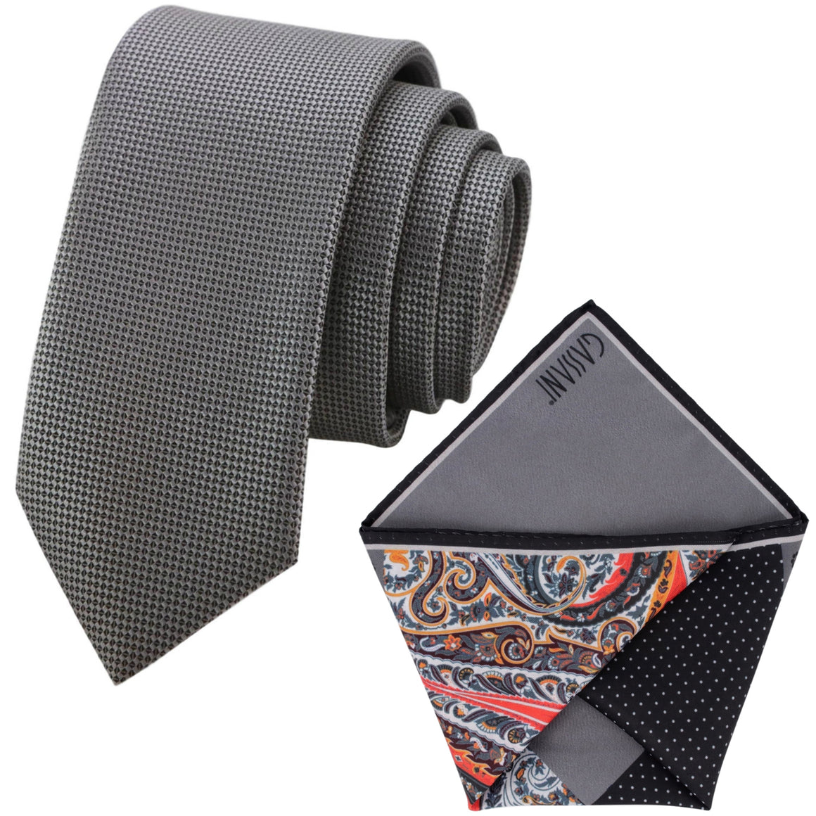 GASSANI Krawatten-Set, 6cm Breite Graue Schmale Herren-Krawatte Lang, Einstecktuch Bunt 4 Designs