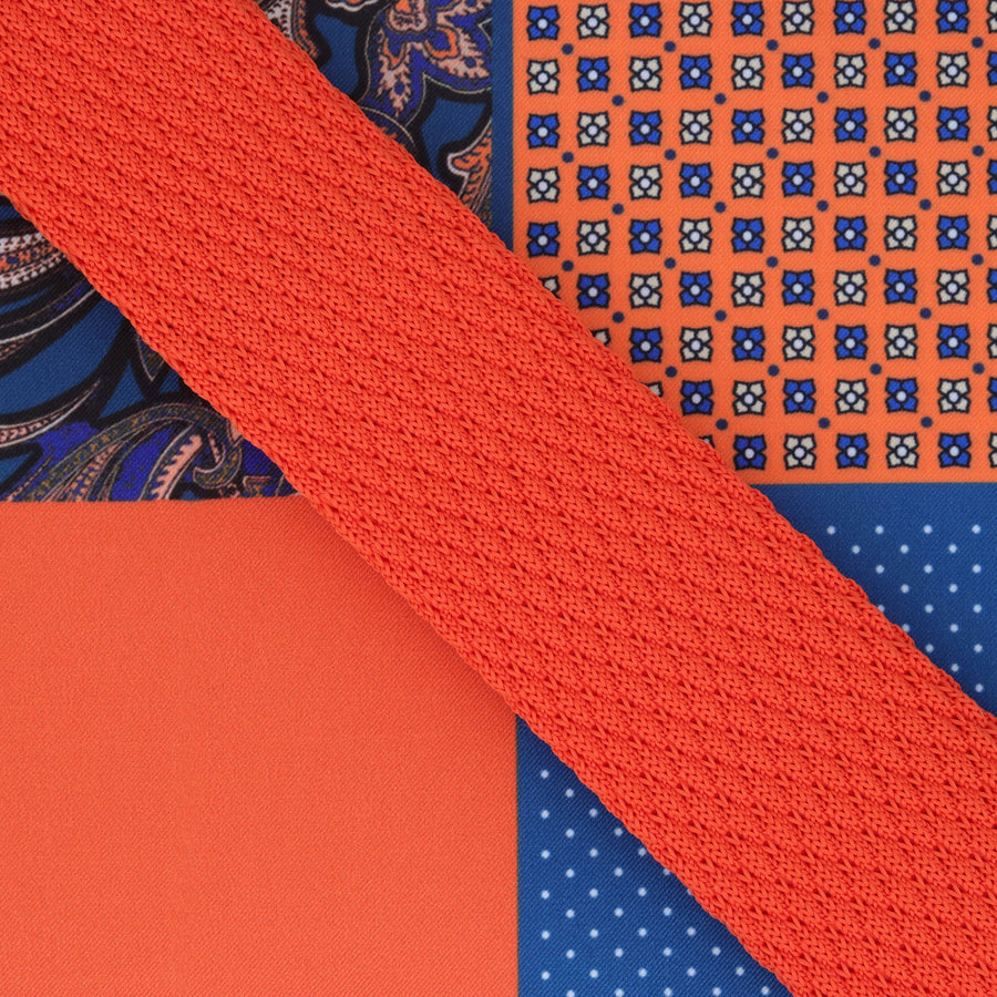 Sada kravat GASSANI, 6 cm úzká rovná oranžová pletená kravata, kapesní čtvercové barevné 4 vzory