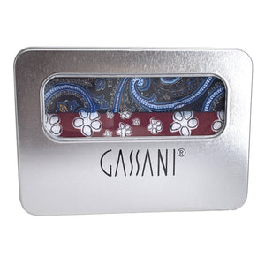 GASSANI Broken Suite Einstecktuch Bordeaux-Rot, Blau Bunt 4 Designs, mit Geschenk-Box Blech-Dose
