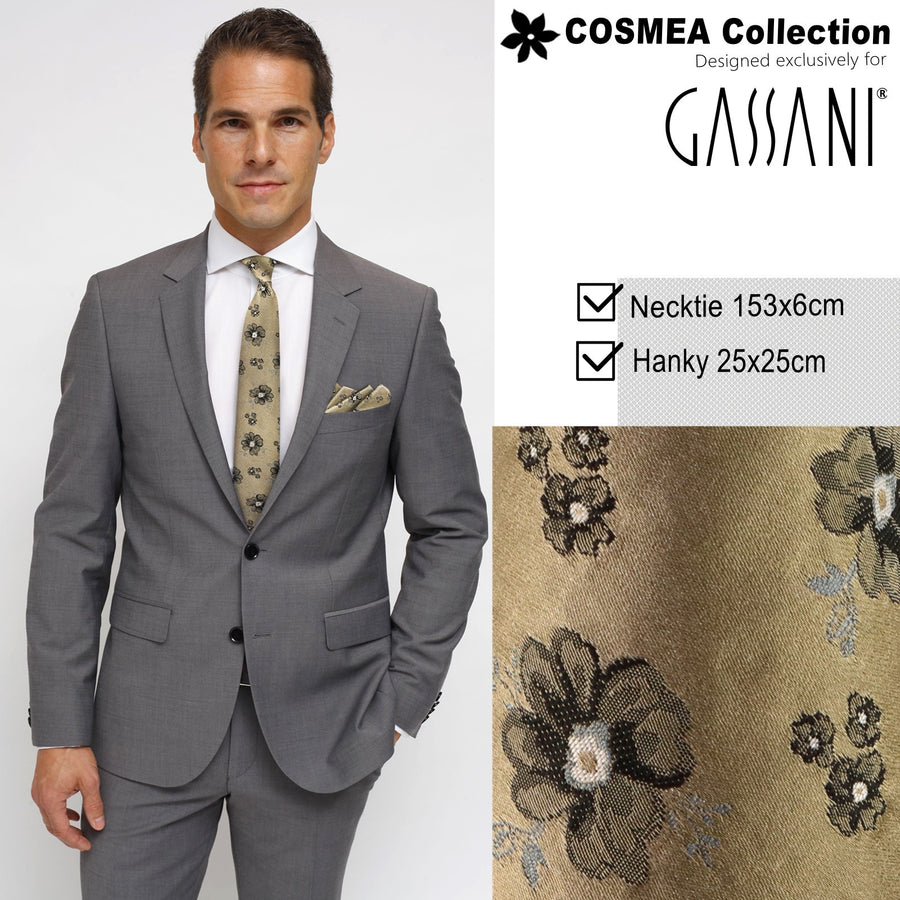 GASSANI 2-SET sada kravat, štíhlá zlatá extra dlouhá květinová kravata černošedá květinová, 6cm tenká žakárová pánská svatební kravata kapesníková