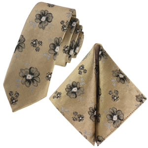 GASSANI 2-SET sada kravat, štíhlá zlatá extra dlouhá květinová kravata černošedá květinová, 6cm tenká žakárová pánská svatební kravata kapesníková