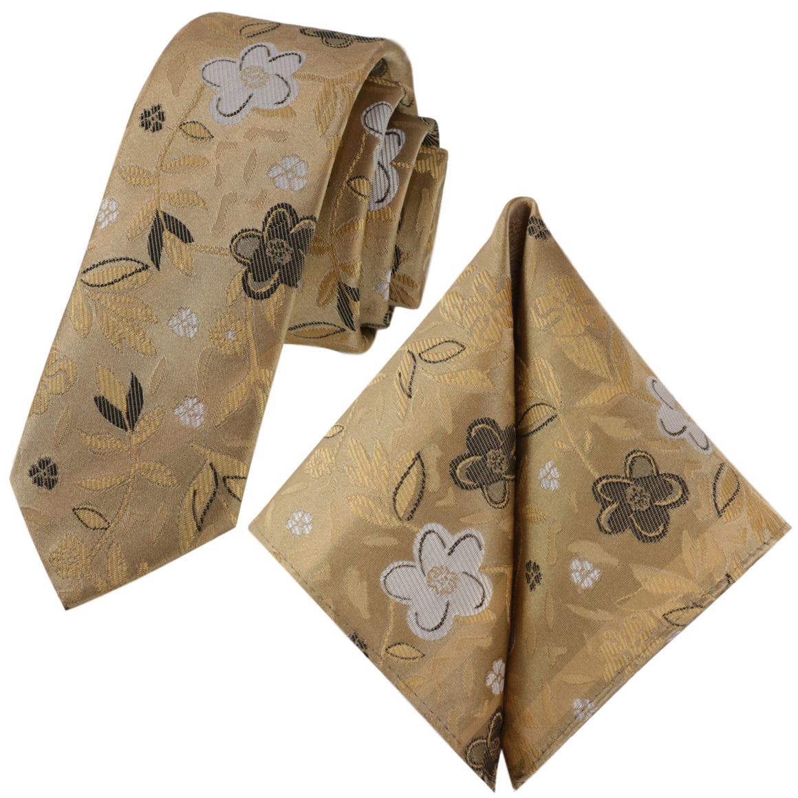 GASSANI 2-SET sada kravat, tenká béžovo-zlatá extra dlouhá pánská kravata květinová, 6cm tenký žakárový svatební kapesník do kravaty