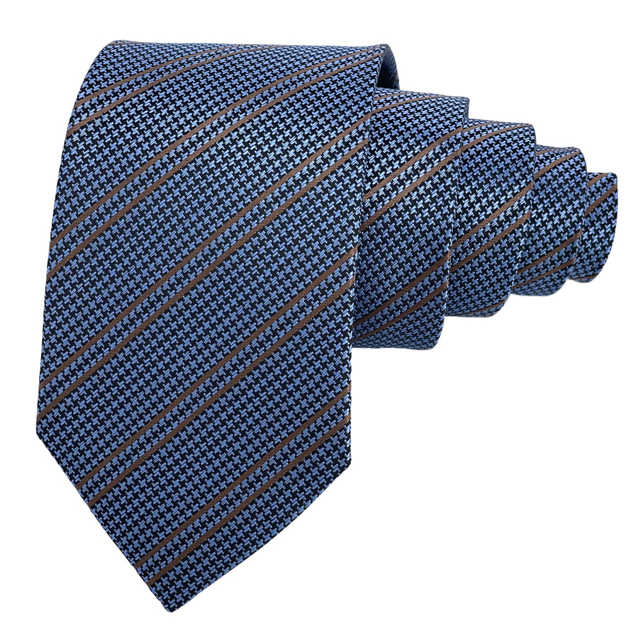 GASSANI 2-SET sada kravat, kravata 8cm úzký vzor houndstooth pruhovaný, šedomodrá extra dlouhá žakárová pánská kravata, kapesník