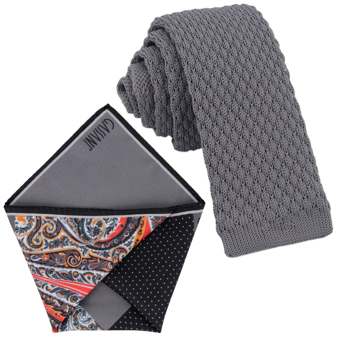 GASSANI Krawatten-Set, 6cm Schmale Gerade Dunkel-Graue Strick-Krawatte, Einstecktuch Bunt 4 Designs