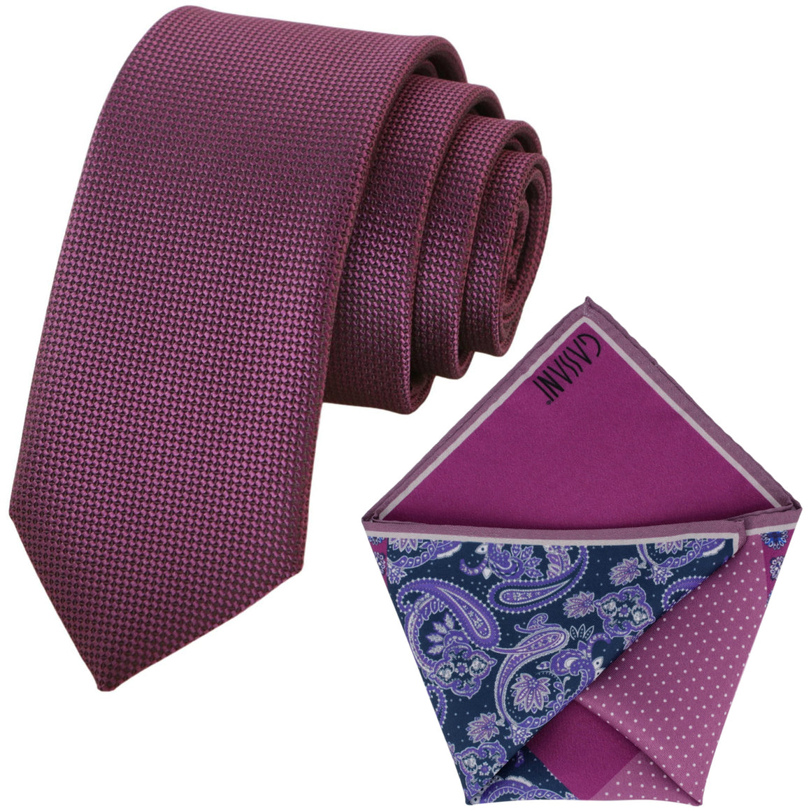 Souprava kravat GASSANI fuchsiová, 6 cm široká, úzká pánská kravata, dlouhá, kapesníková, barevné 4 vzory