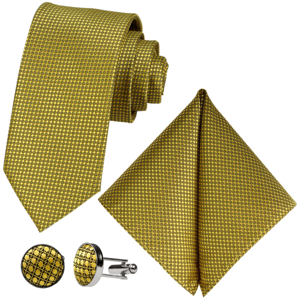 GASSANI 3 pz. Set Cravatta da uomo in oro giallo skinny da 8 cm Cravatta extra lunga Cravatta da sposa Cravatta da uomo Cravatta da taschino Gemelli da uomo