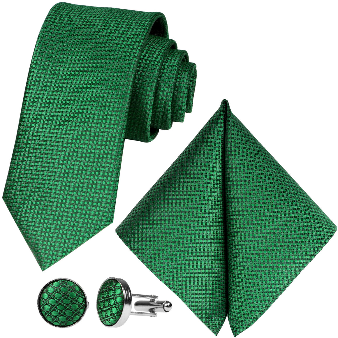 GASSANI 3 ks. Set, 8 cm slim tmavě zelená pánská extra dlouhá kravata, svatební kravata, manžetové knoflíčky na kapesník