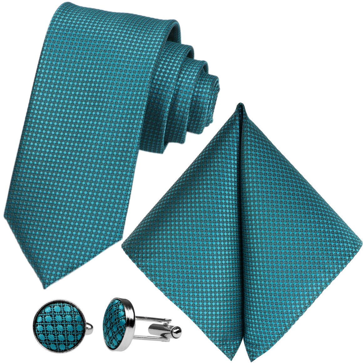 GASSANI 3 ks. Souprava, 8 cm úzká pánská kravata petrolejově modrá, extra dlouhá, svatební kravata, souprava kravat, pánská kravata, kapesník, manžetové knoflíčky