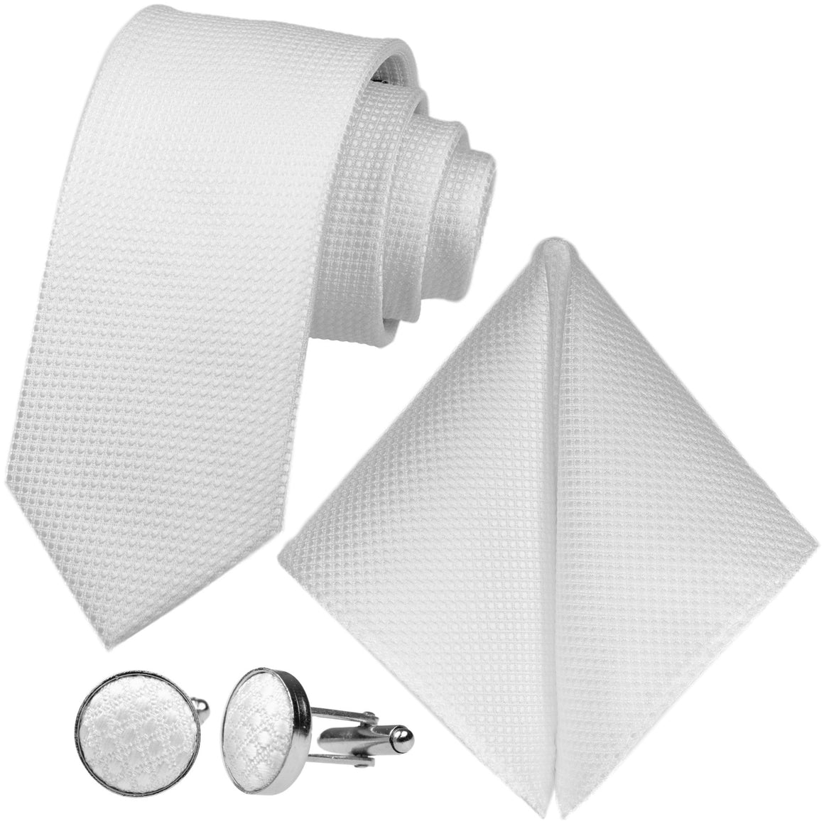 GASSANI 3 ks. Souprava, 8 cm úzká bílá pánská kravata, extra dlouhá, svatební kravata, souprava kravat, pánská kravata, kapesník, manžetové knoflíčky