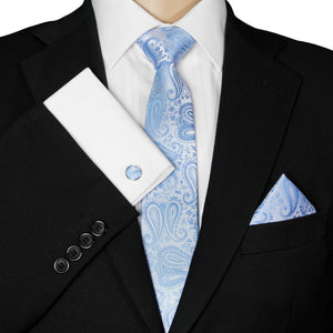 GASSANI 3-SET Set Cravatta, Cravatta da Uomo Slim Paisley Azzurro, Cravatta da Sposa Jacquard Skinny da 7 cm Gemelli con Fazzoletto da Taschino