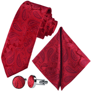 GASSANI 3-SET Krawattenset, Hell-Rote Schmale Herren-Krawatte Paisley, 7cm Dünne Jacquard Hochzeitskrawatte Einstecktuch Manschettenknöpfe