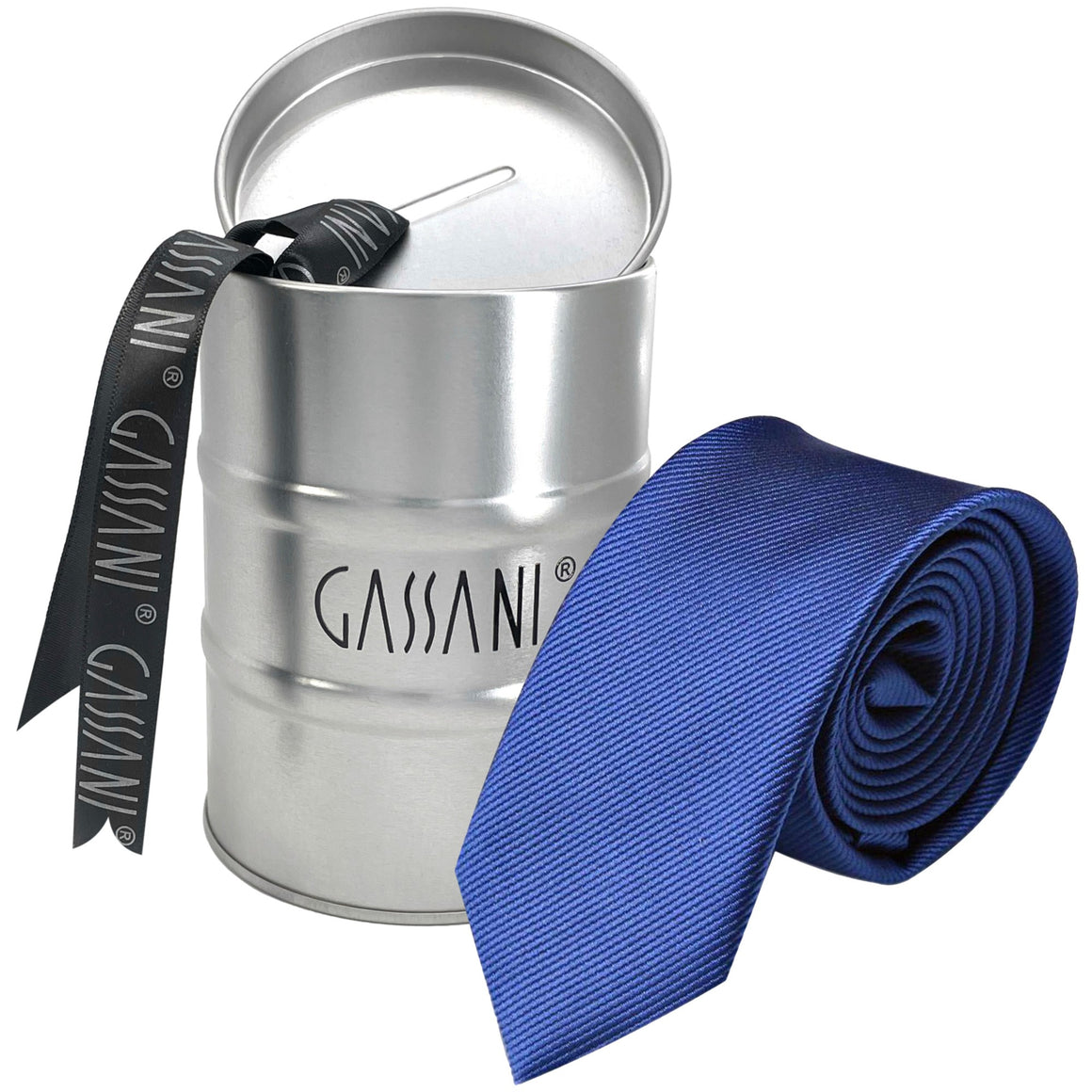 GASSANI 8 cm Stretto Blu Royal Striped Uni Rips Raccoglitore per Cravatte da Uomo in Confezione Regalo Salvadanaio in Latta