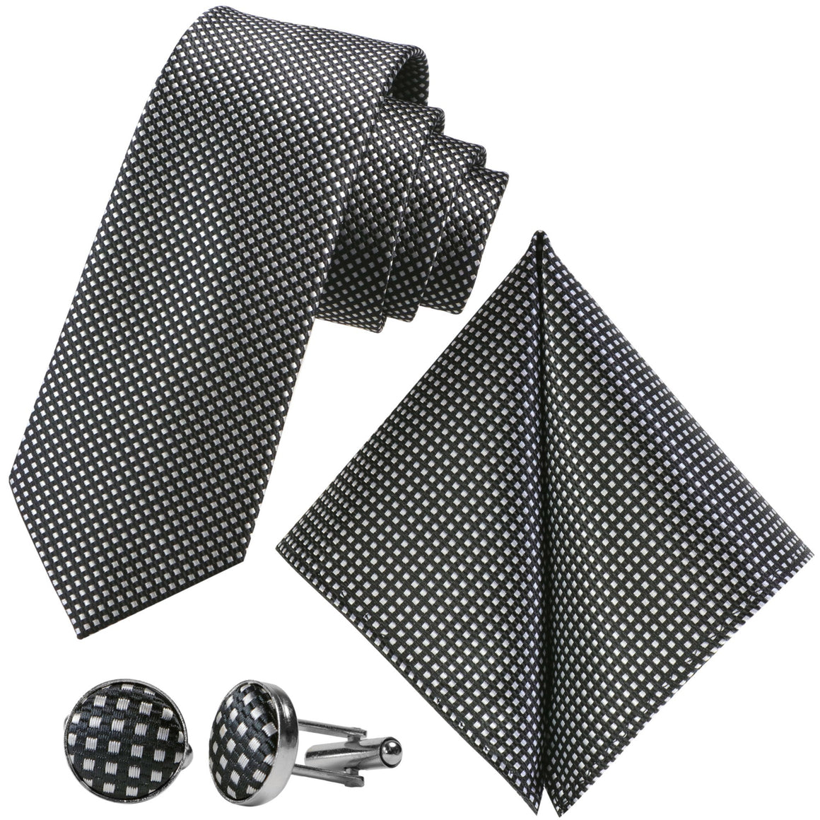 GASSANI 3 pz. Set, cravatta da uomo a scacchi bianca e nera stretta 7 cm, cravatta da sposa, set cravatta, cravatta da uomo, fazzoletto, gemelli