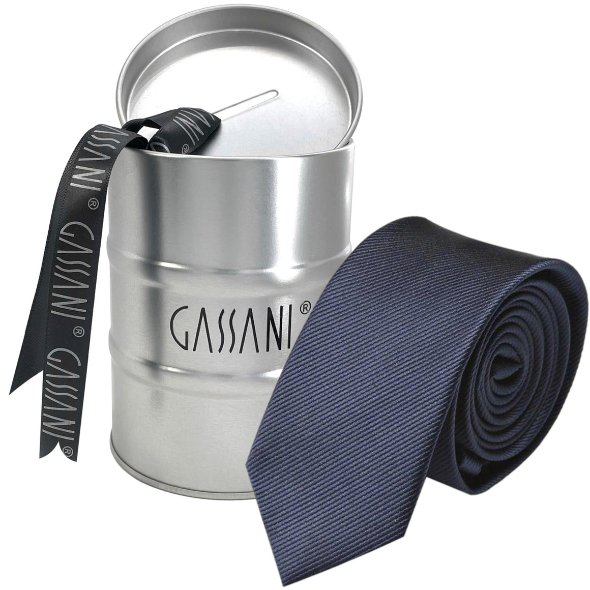 GASSANI 8cm úzký ocelový modrý pruhovaný uni Rips pánský kravatový pořadač v dárkové krabičce plechová kasička