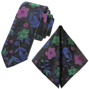 GASSANI 2-SET Krawattenset, Schmale Schwarze Extra Lange Herren-Krawatte Grün Violett Geblümt, 6cm Dünne Jacquard Hochzeitskrawatte Einstecktuch