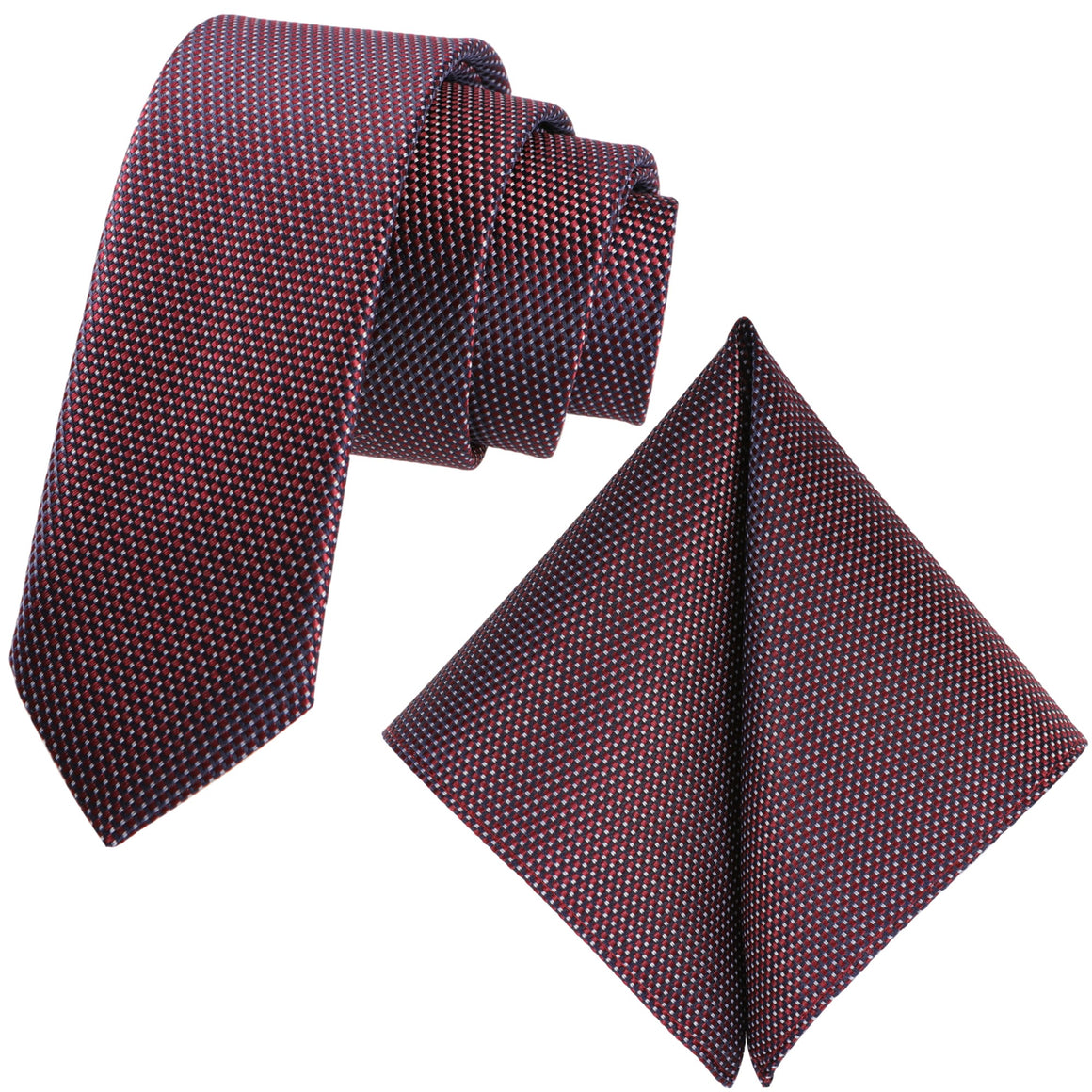 GASSANI 2-SET Krawatten-Set, 6cm Dünne Schmale Bordeaux-Rote Extra Lange Jacquard Herren-Krawatte Kariert,  Einstecktuch