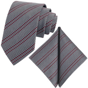 Sada kravat GASSANI 2-SET, kravata 8 cm úzký proužkovaný vzor Houndstooth, stříbrno-šedá-bordeaux-červená Extra dlouhá žakárová pánská kravata, kapesní