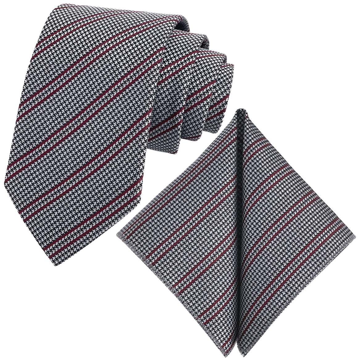 Sada kravat GASSANI 2-SET, kravata 8 cm úzký proužkovaný vzor Houndstooth, stříbrno-šedá-bordeaux-červená Extra dlouhá žakárová pánská kravata, kapesní