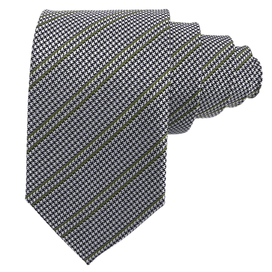 Sada kravat GASSANI 2-SET, kravata 8 cm úzký proužkovaný vzor Houndstooth, stříbrno-olivově zelená extra dlouhá žakárová pánská kravata, kapesní