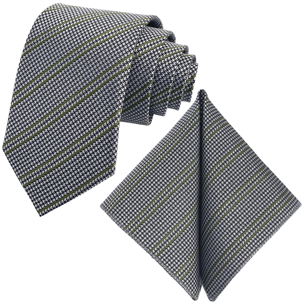 GASSANI 2-SET Krawattenset, Krawatte 8cm Schmal Hahnentritt-Muster Gestreift, Silber-Olivgrün Extra Lange Jacquard Herren-Krawatte,  Einstecktuch