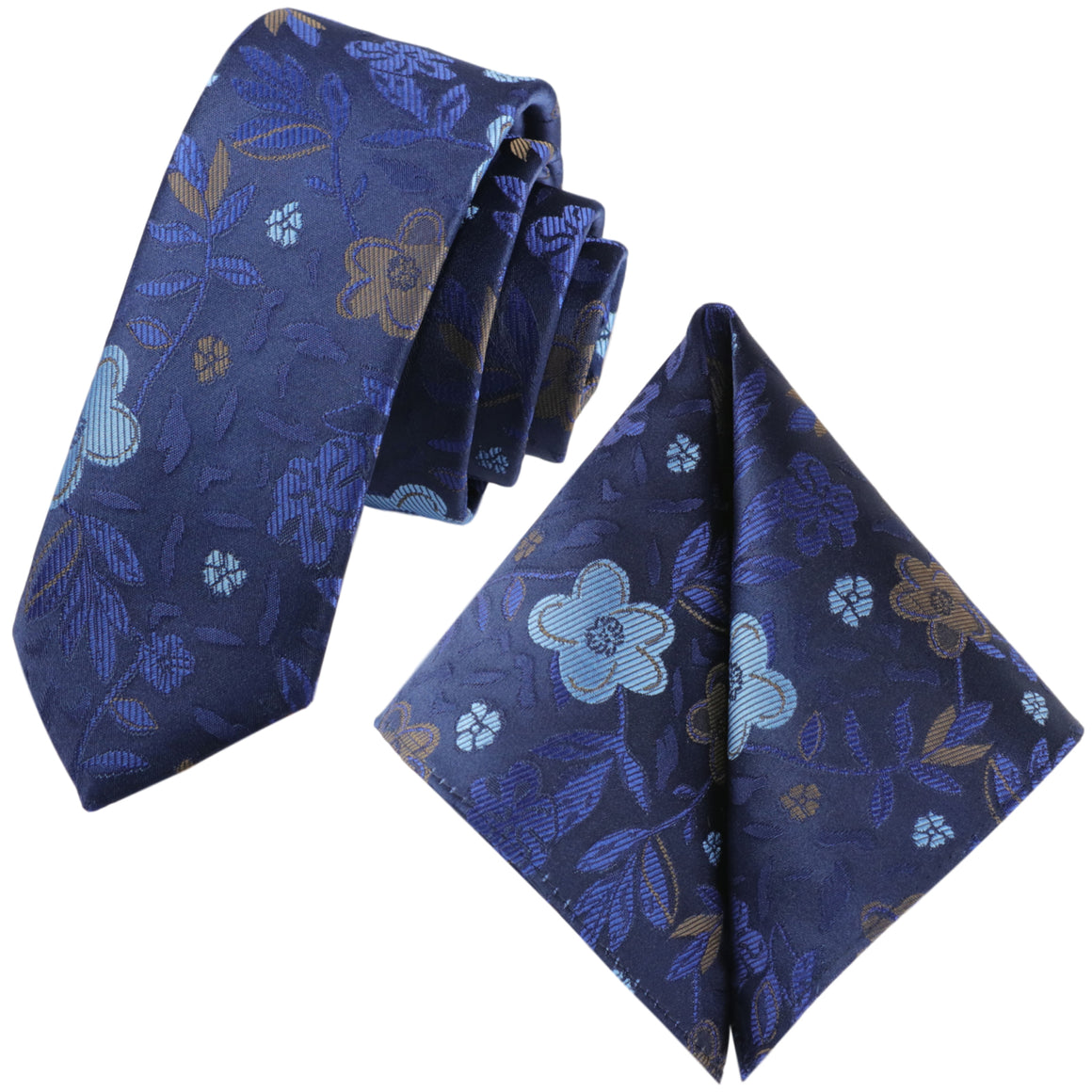 GASSANI 2-SET Krawattenset, Schmale Blaue Extra Lange Herren-Krawatte Geblümt, 6cm Dünne Jacquard Hochzeitskrawatte Einstecktuch
