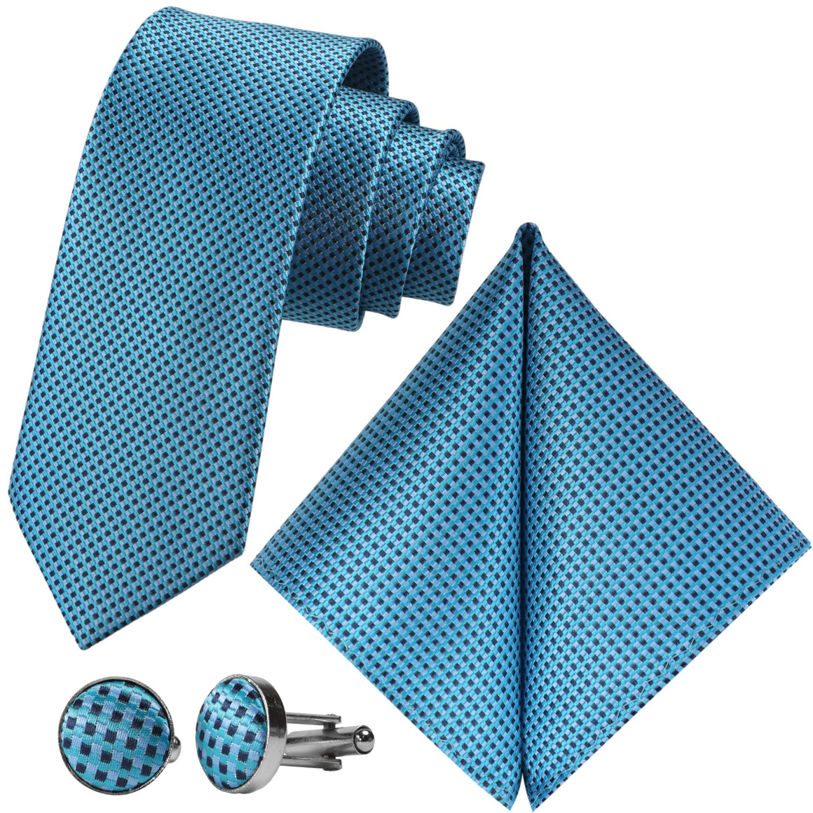 GASSANI 3 ks. Set 7cm Skinny Teal Blue Check Pánská kravata Svatební kravata Set Pánská kravata Kapesní manžetové knoflíčky