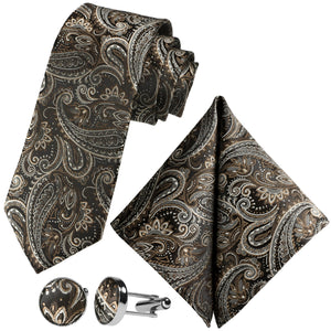 GASSANI 3-SET Krawattenset, Braun-Graue Schmale Herren-Krawatte Paisley, 7cm Dünne Jacquard Hochzeitskrawatte Einstecktuch Manschettenknöpfe
