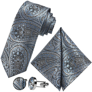 Sada kravat GASSANI 3-SET, Černá nebesky modrá Paisley Slim Pánská kravata, 7 cm Skinny Jacquard Svatební kravata Kapesní manžetové knoflíčky