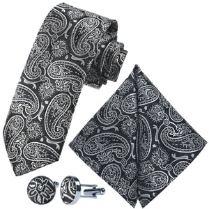 GASSANI 3-SET Kravata set, černá světle šedá Paisley Slim pánská kravata, 7 cm Skinny Jacquard Svatební kravata Kapesní manžetové knoflíčky
