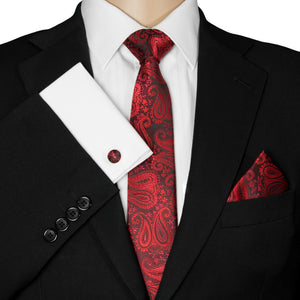 GASSANI 3-SET Krawattenset, Bordeaux-Rote Schmale Herren-Krawatte Paisley, 7cm Dünne Jacquard Hochzeitskrawatte Einstecktuch Manschettenknöpfe