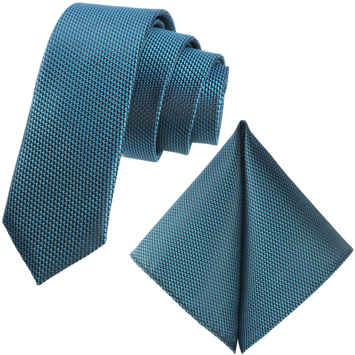 GASSANI 2-SET Set Cravatta, 6 cm Sottile Stretto Verde Petrolio Extra Lungo Cravatta Jacquard da Uomo a Quadri, Fazzoletto da Taschino