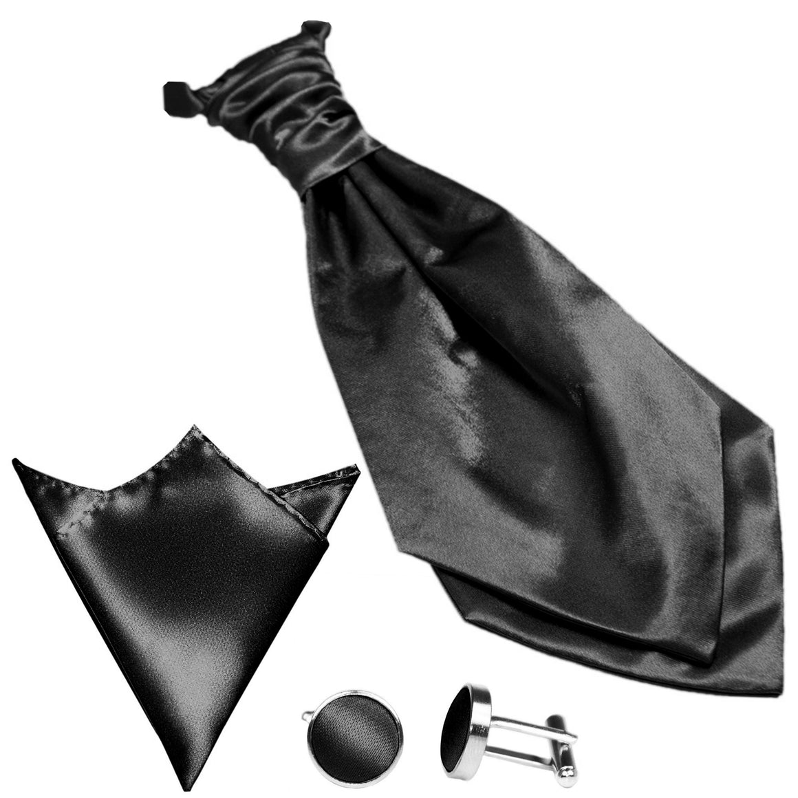 GASSANI 3-SET Saténová plastronová kravata, černá široká svatební kravata, kravatový šátek a kapesní čtverec