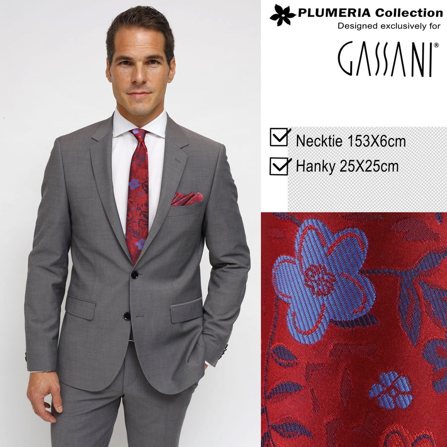 GASSANI 2-SET sada kravat, úzká vínová červená extra dlouhá pánská kravata květinová, 6cm tenký žakárový svatební kapesník do kravaty