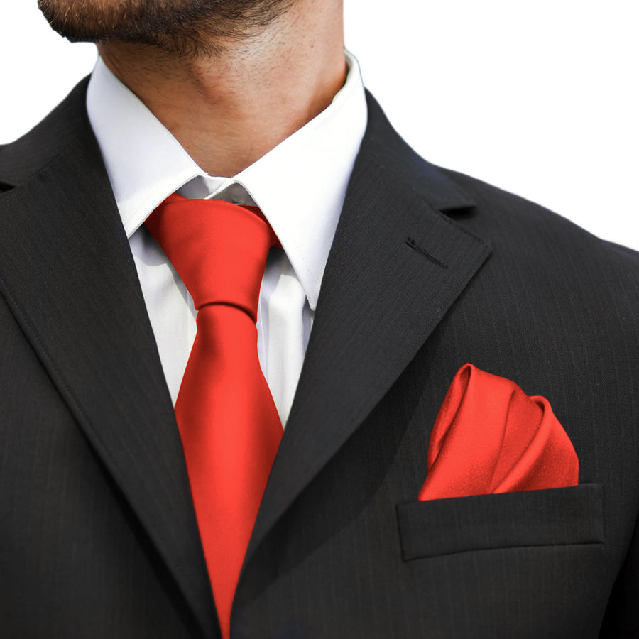GASSANI 3-SET Satin Krawattenset, 8cm Schmale Hell-Rote Herren-Krawatte Einstecktuch, Hochzeitskrawatte