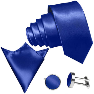 GASSANI 3-SET Satin Krawattenset, 8cm Schmale Royal-Blaue Herren-Krawatte Einstecktuch, Hochzeitskrawatte