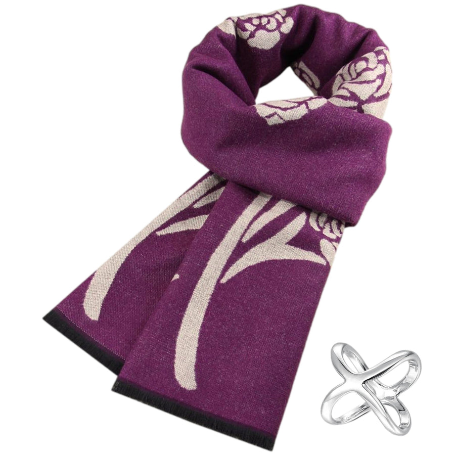 GASSANI Damen-Schal Violett Grau Schalring, Wollschal Weich und Warm, Blumen-Muster Vintage Geblümt Tuchring