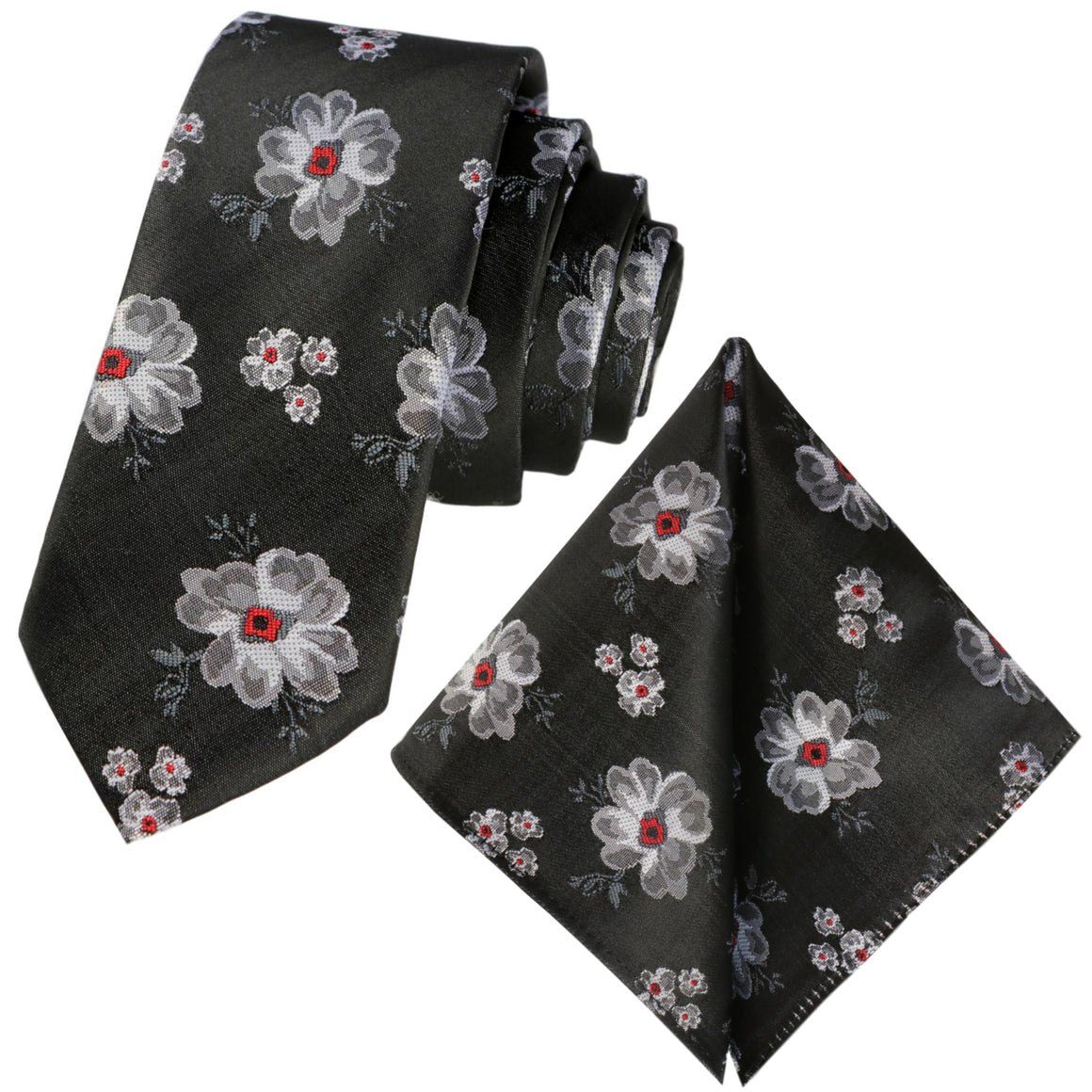 GASSANI 2-SET Krawattenset, Schmale Schwarze Extra Lange Blumen-Krawatte Weiß-Rot Geblümt, 6cm Dünne Jacquard Herren Hochzeitskrawatte Einstecktuch