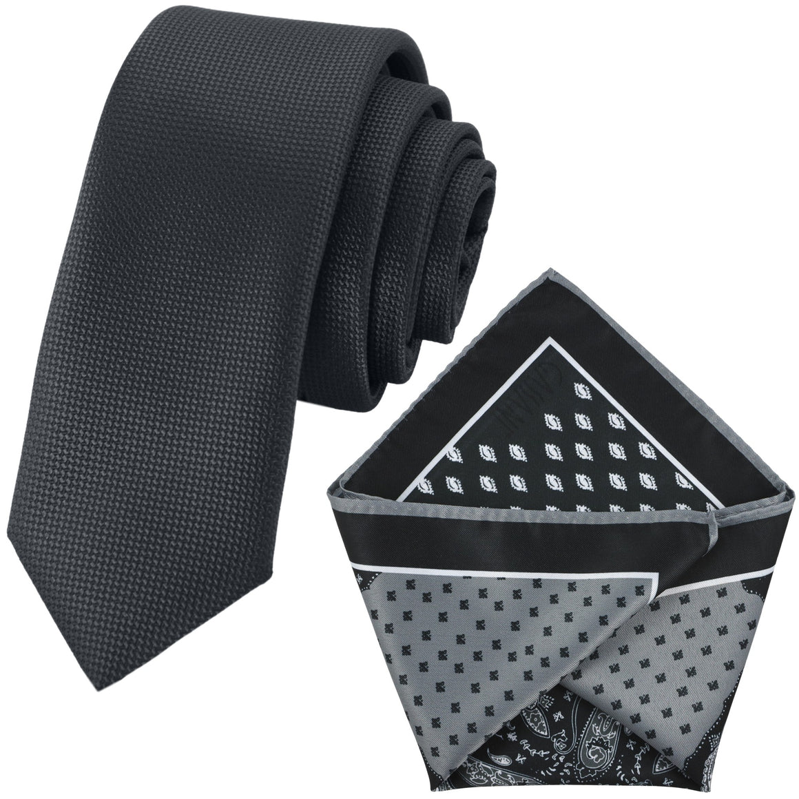 Sada kravat GASSANI, 6 cm úzká černá tenká hubená pánská kravata dlouhá, Pocket Square Paisley 3 vzory
