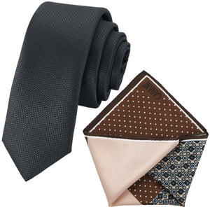 Sada kravat GASSANI, 6 cm úzká černá slim pánská kravata dlouhá, kapesník béžové hnědé tečky diamanty 4 provedení