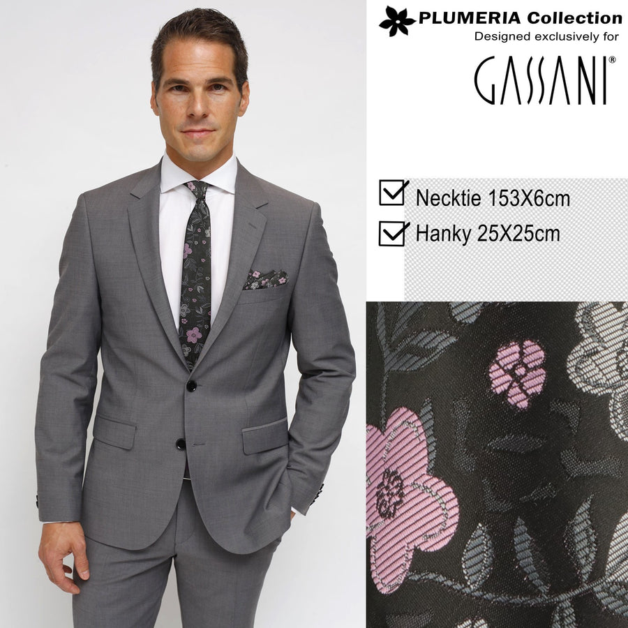 GASSANI 2-SET sada kravat, štíhlá černá extra dlouhá pánská kravata růžová květinová, 6cm tenký žakárový svatební kapesník do kravaty