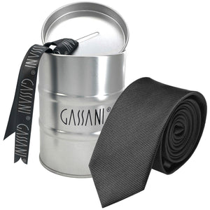 Pánský kravatový pořadač GASSANI 8 cm, úzký černý pruhovaný Uni Rips v dárkové krabičce, plechová kasička