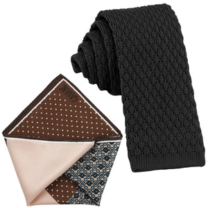 Sada kravat GASSANI, 6 cm úzká rovná černá pletená kravata, kapesní čtvercové barevné 4 vzory